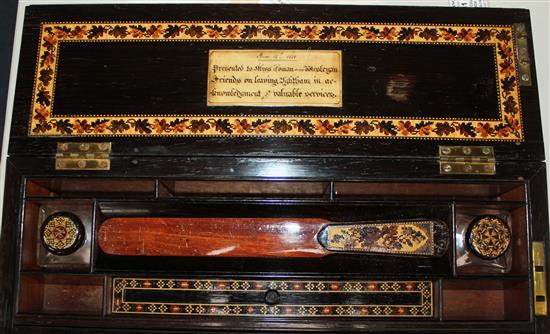 A Tunbridge ware rosewood Tonbridge Castle mosaic writing slope, 15in.